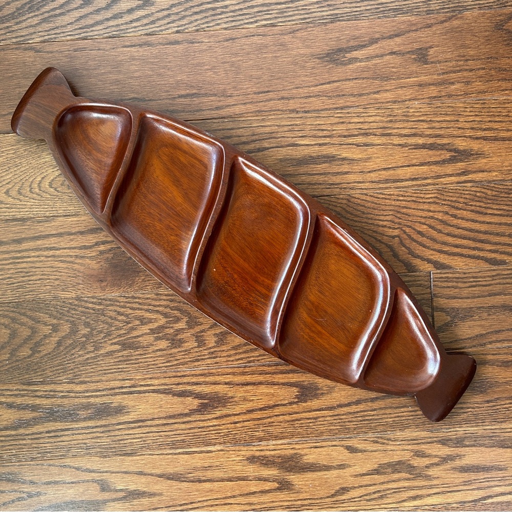 Caribcraft Solid Mahogany Divided Pea Pod Tray Made in Haiti Numbered